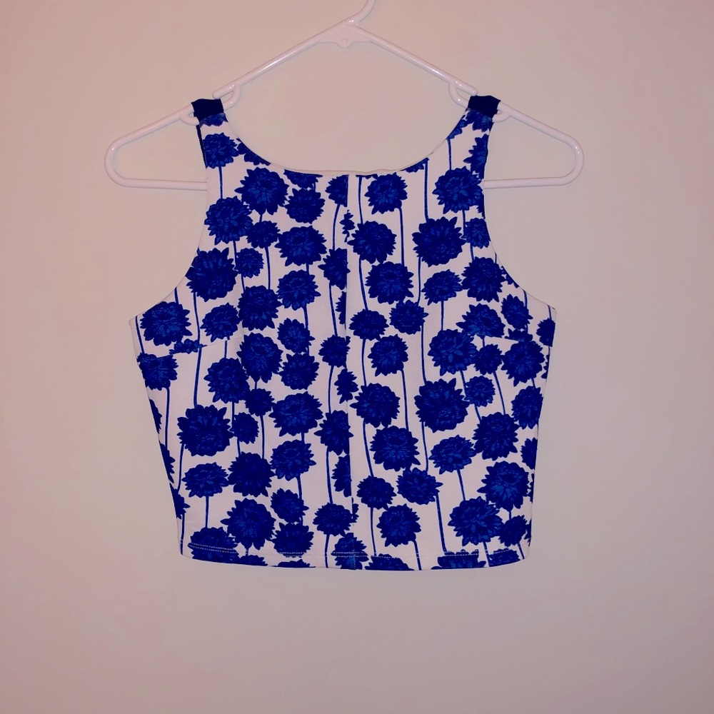 TOPSHOP white crop top with blue flowers print